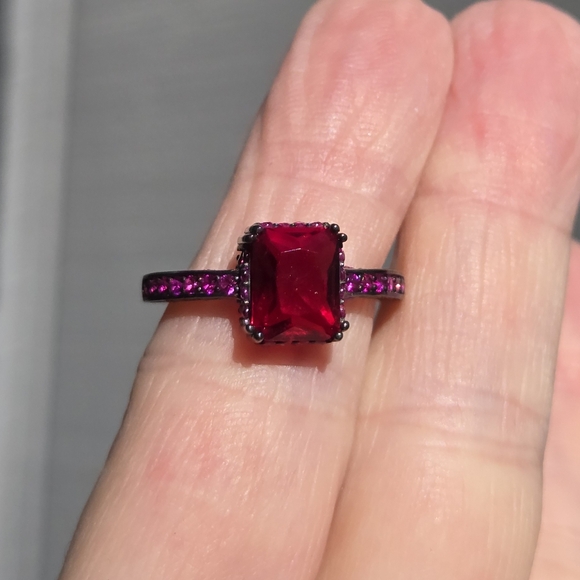 Kharma by Avelon Jewelry - emerald cut ruby Sterling rhodium & gold ring Sz8